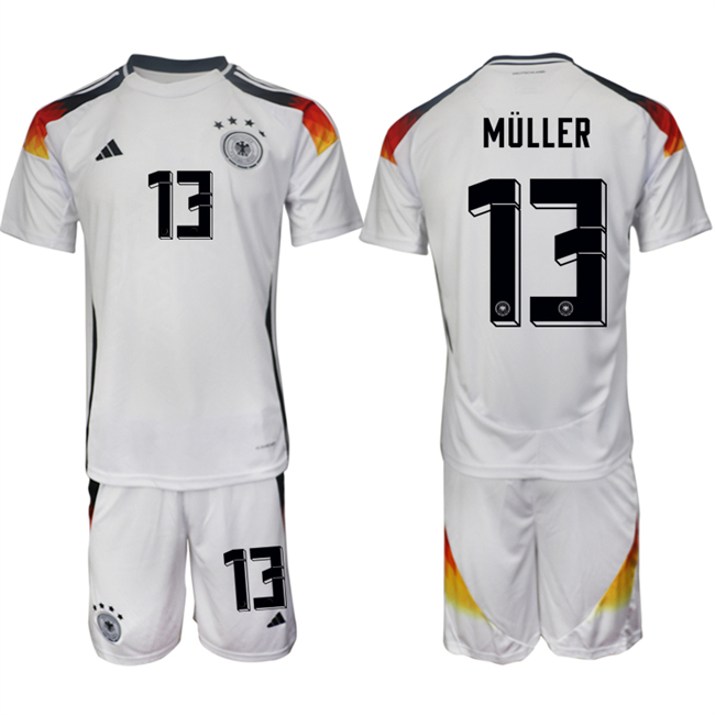 Men's Germany #13 Thomas Müller White 2024-25 Home Soccer Jersey Suit